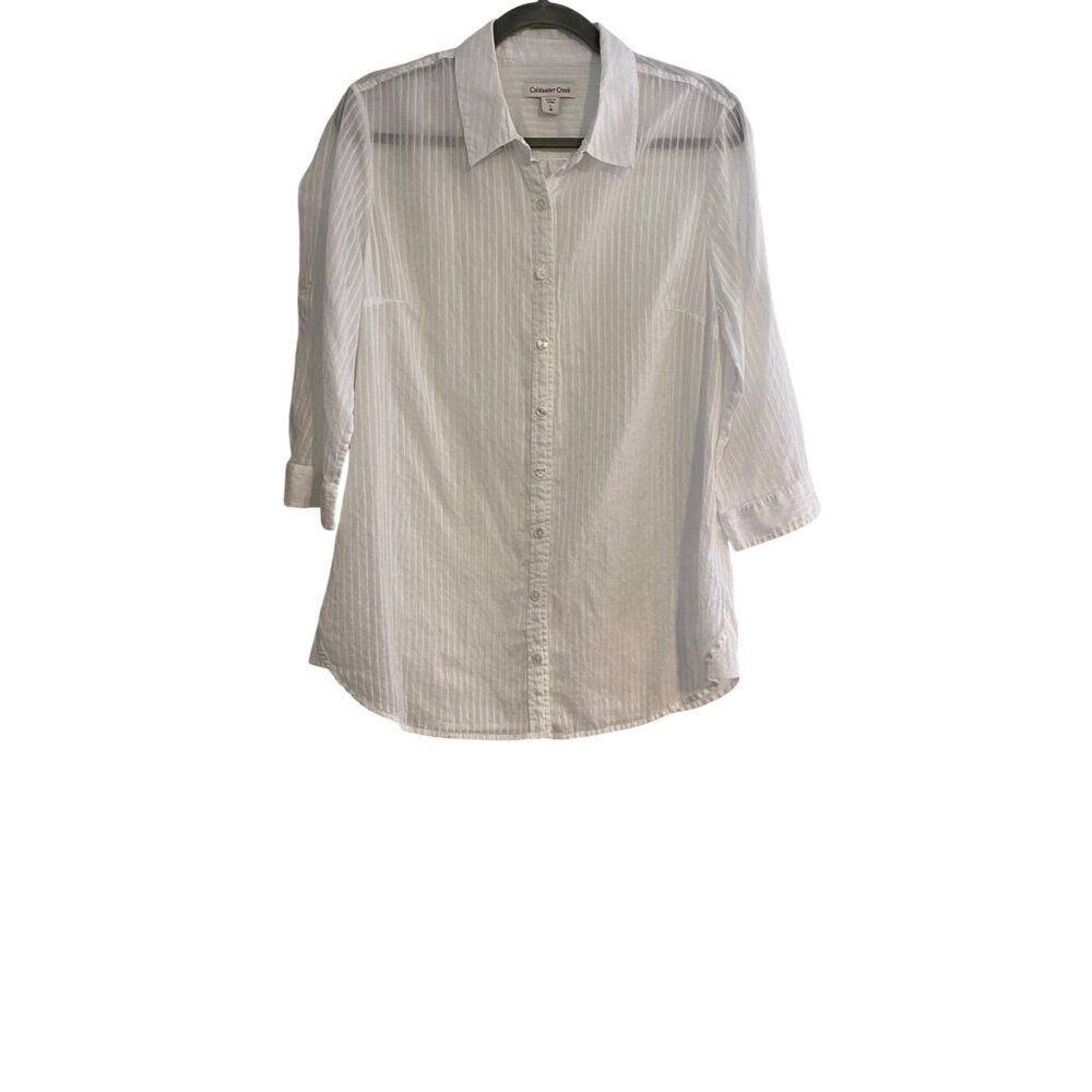Coldwater Creek Womens White Striped Button-Up Shirt L 100% Cotton Sheer Preppy